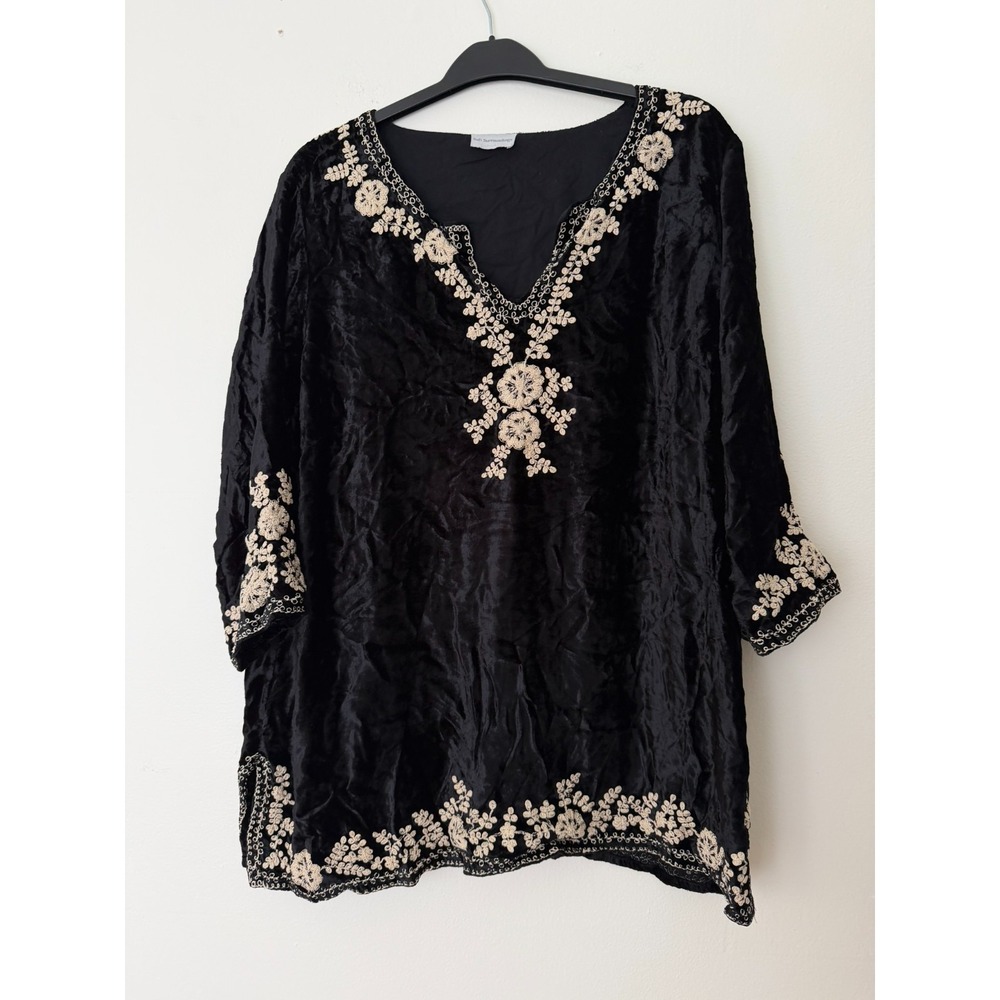Soft Surroundings Shirt Women's XXL Black Velvet Embroidered Tunic Top Boho